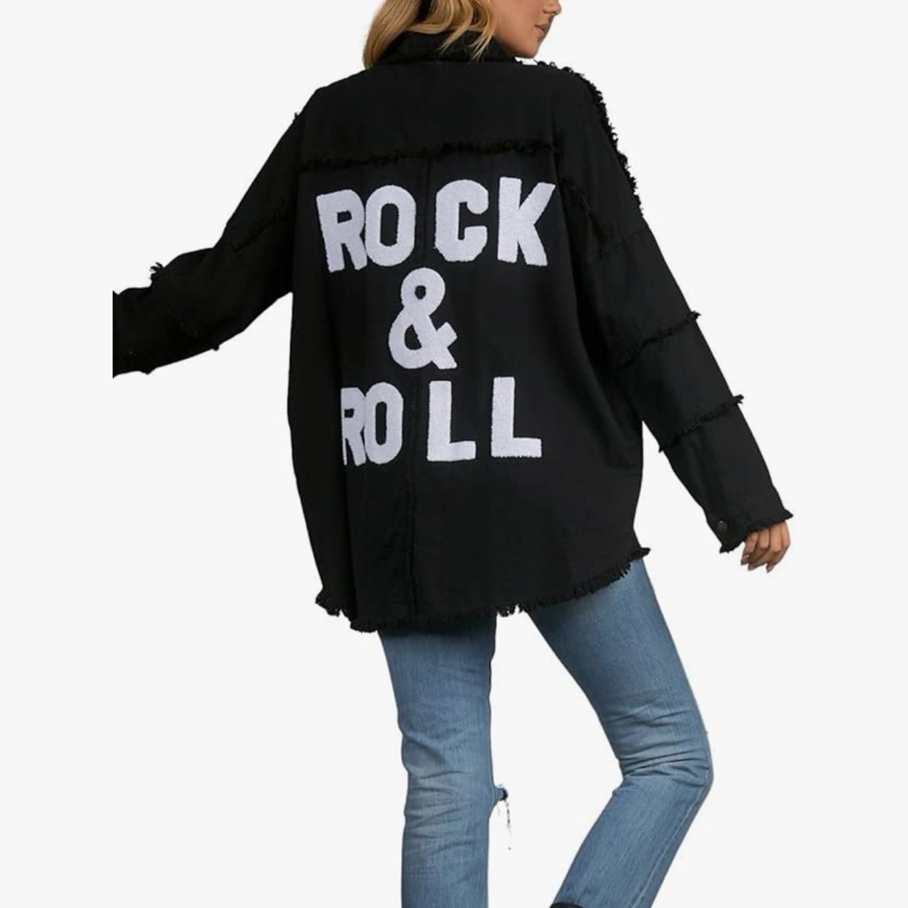 Elan Black Utility Jacket with Bold Rock & Roll Design